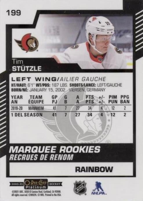 2020-21 O-Pee-Chee Platinum Rainbow Marquee Rookie #199 Tim Stutzle