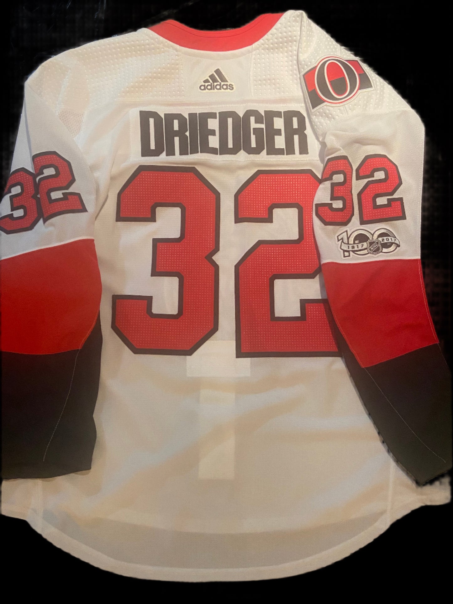 Chris Driedger's 2017-18 Ottawa Senators Game-Issued White Road Set 1 Jersey with NHL 100 Patch - size 58G