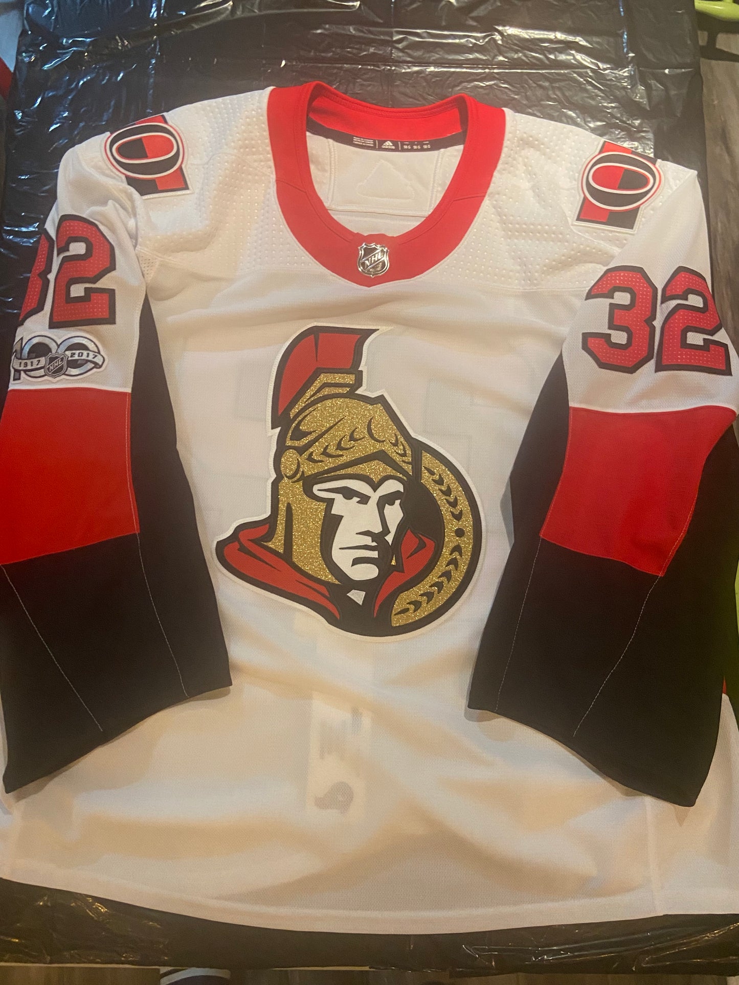 Chris Driedger's 2017-18 Ottawa Senators Game-Issued White Road Set 1 Jersey with NHL 100 Patch - size 58G