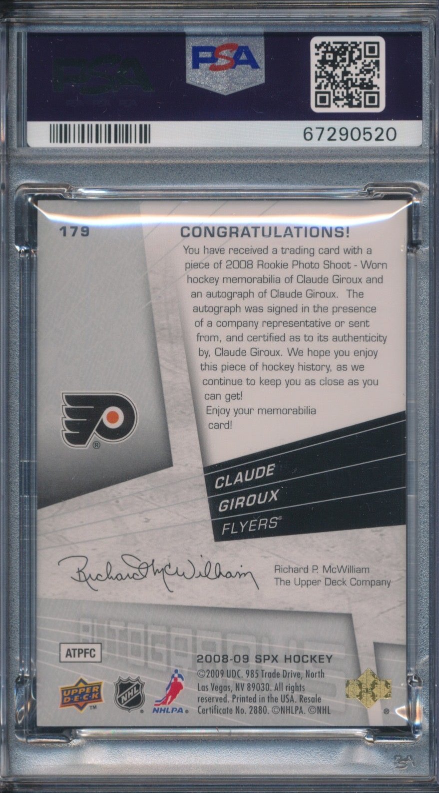 2008-09 SPx Rookie Autograph Jersey #179 Claude Giroux RC /999 PSA 9 MINT