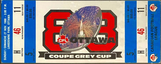 1988 CFL Grey Cup Full Unused Ticket - Ottawa - Lansdowne Park