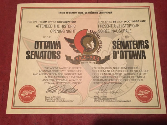 1992 Ottawa Senators Inaugural Game Stadium Giveaway Certificate of Attendance