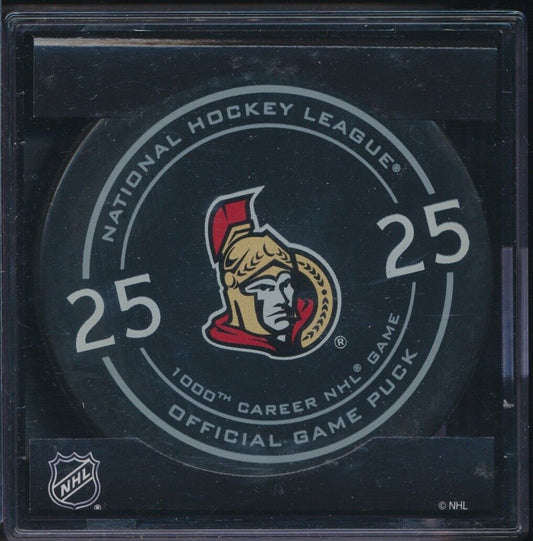 2016 Ottawa Senators Chris Neil 1000 Games Official Game Puck with cube