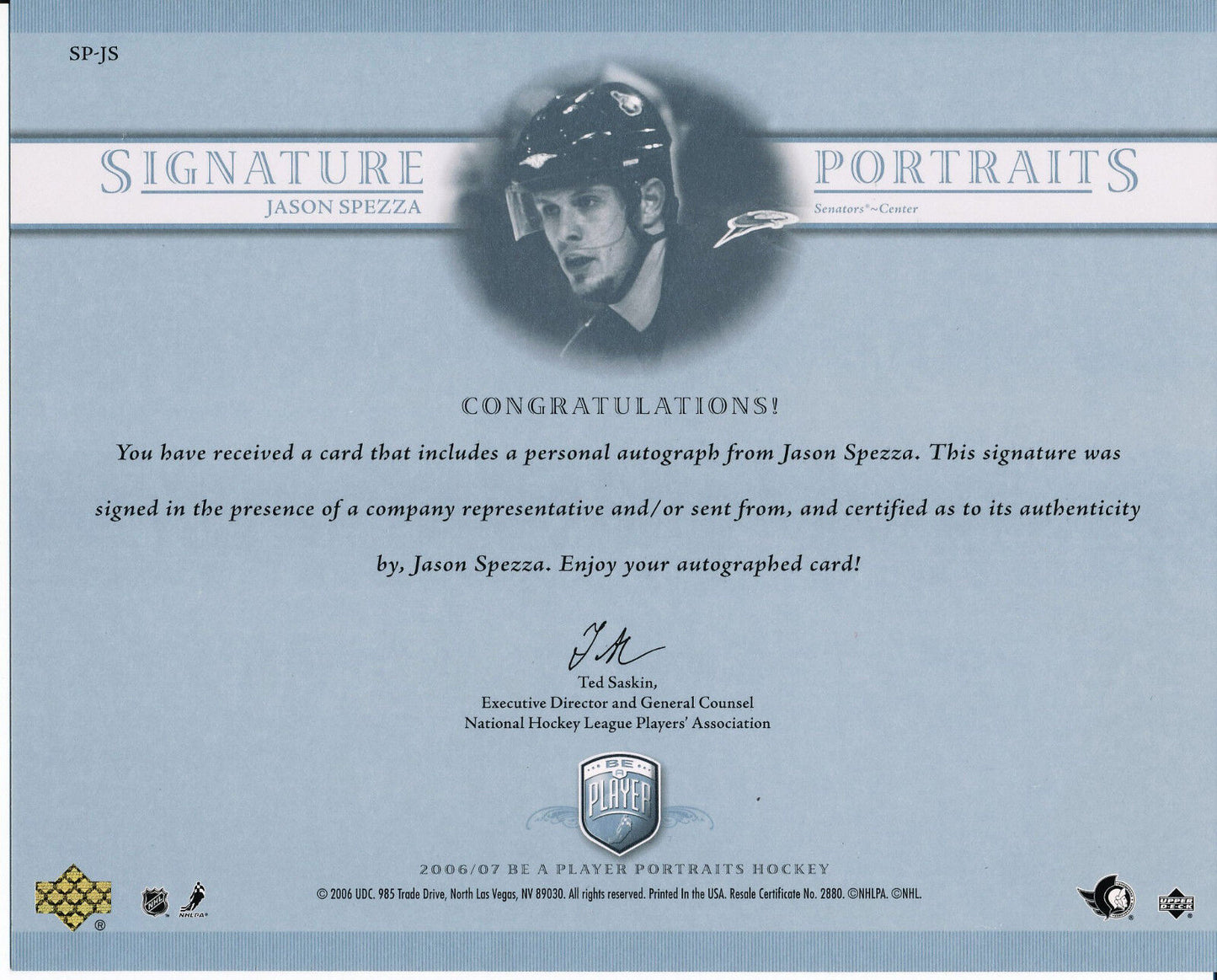 2006-07 Be A Player Signature Portraits Autograph #SP-SP Jason Spezza - 8x10 oversized card