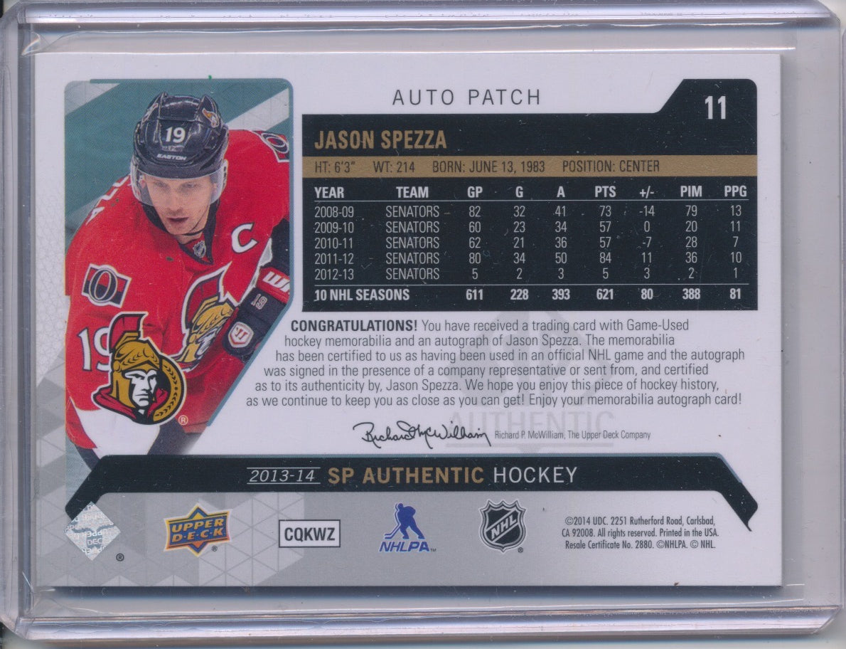 2013-14 SP Authentic Limited Autograph Auto Patch #11 Jason Spezza /100 - 3 Colour with 8 Breaks